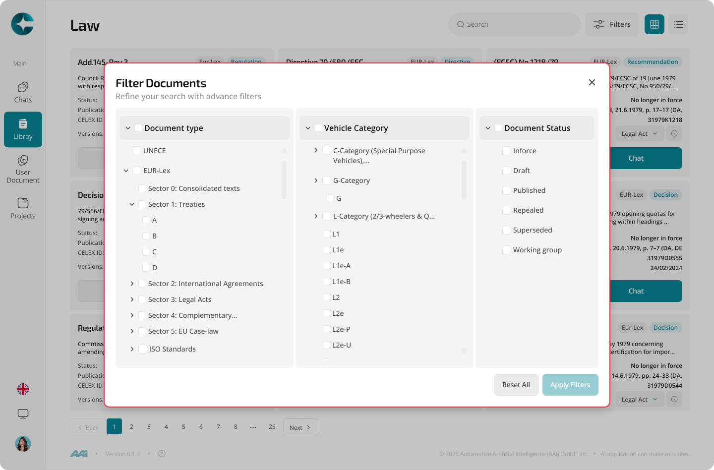 Library filters panel