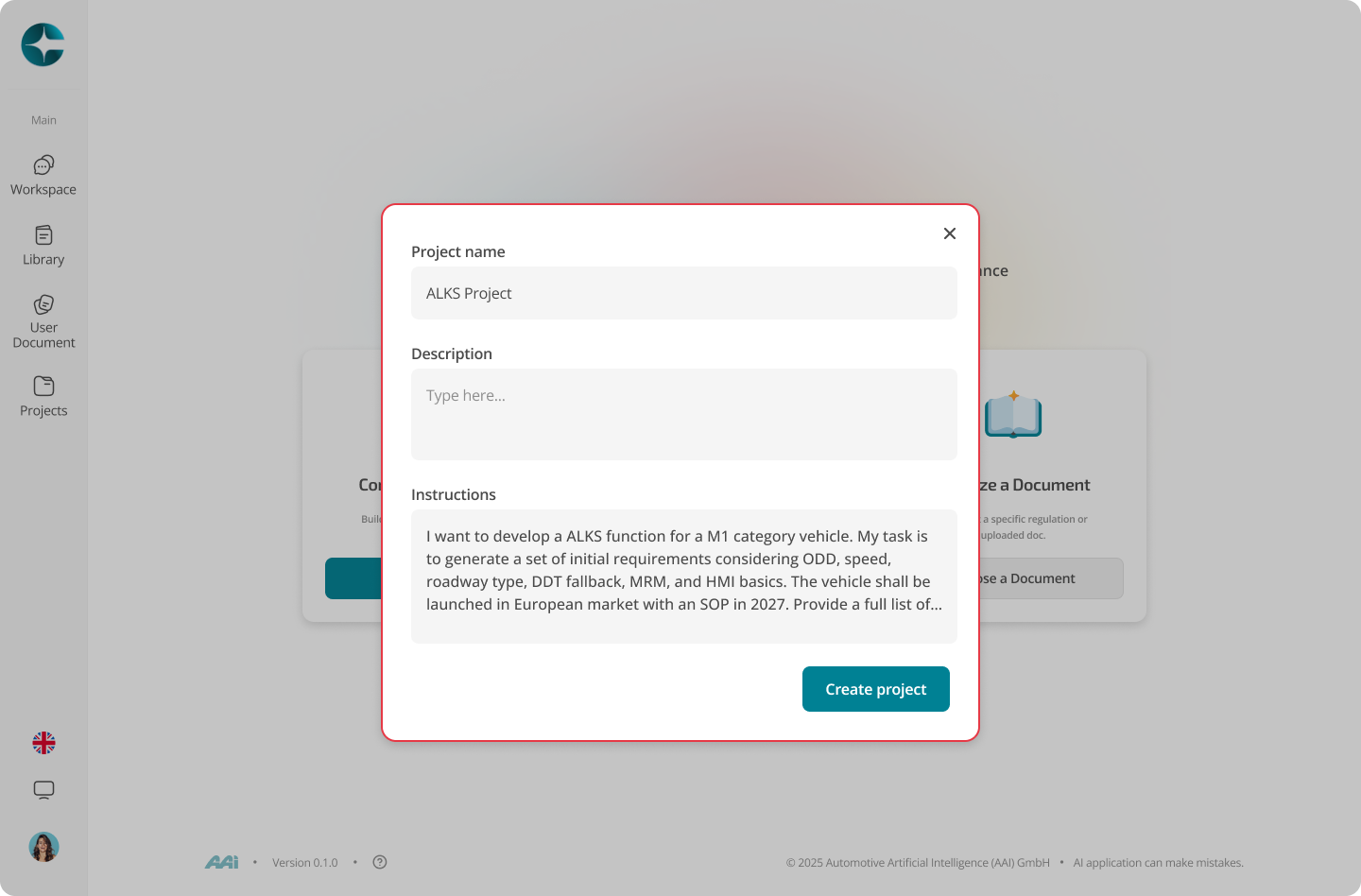 Project instructions field